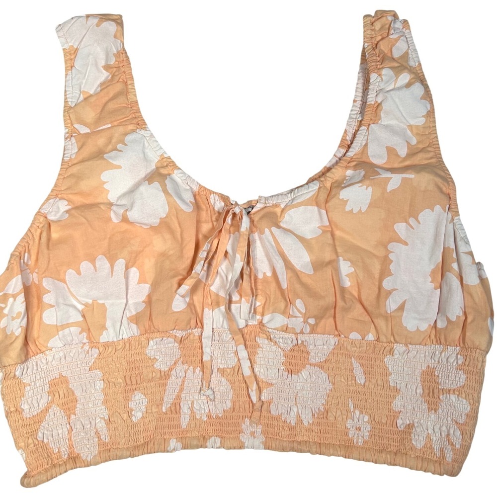 American Eagle Orange Floral Smocked Tie Front Crop Tank Top Boho Festival Sz XL
